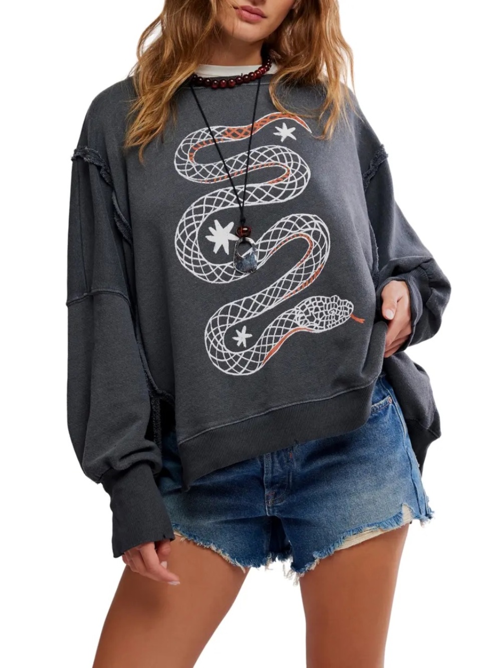 FREE PEOPLE Oversized Distressed Graphic Sweater